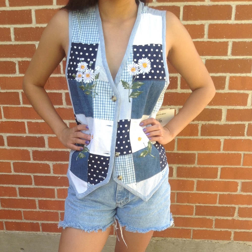 Patchwork flower denim vintage vest